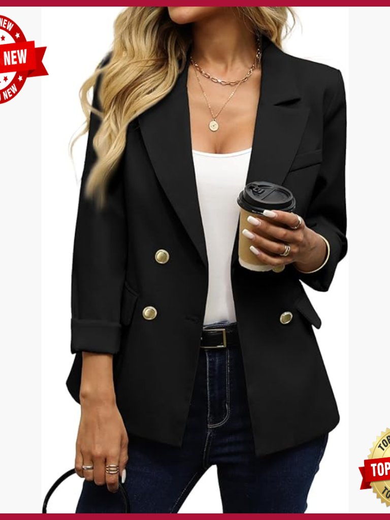 Double Breasted Slim Fit Blazer, Polyester Office Jacket, Business Casual